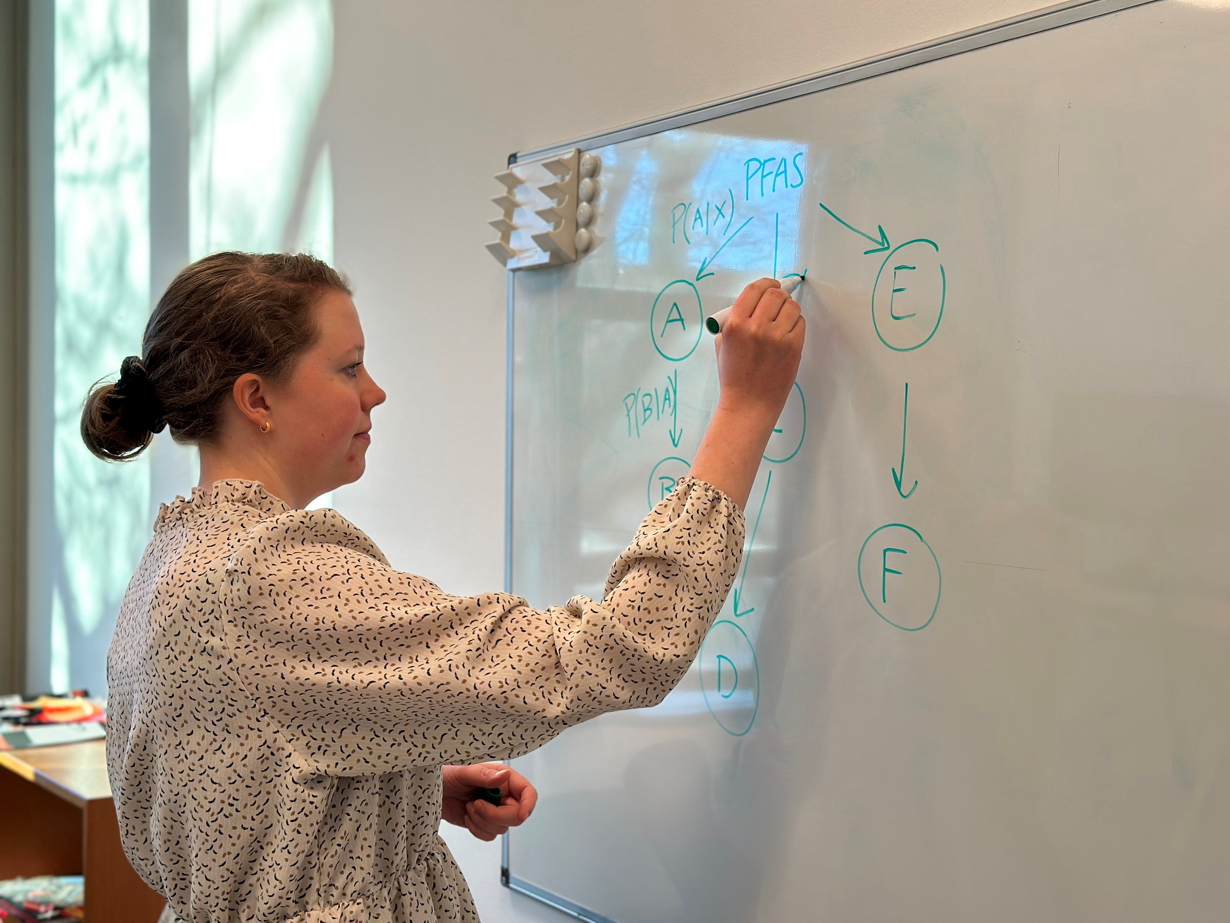 Foto af Sofie Theresa Thomsen, som tegner model på whiteboard